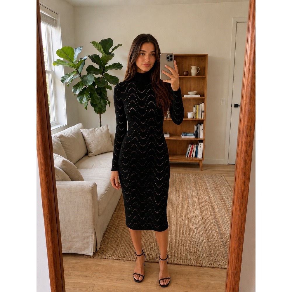 Vintage Lillie Rubin Sequin Sweater Dress Size 6 Black Mock Neck Retro Glam Chic